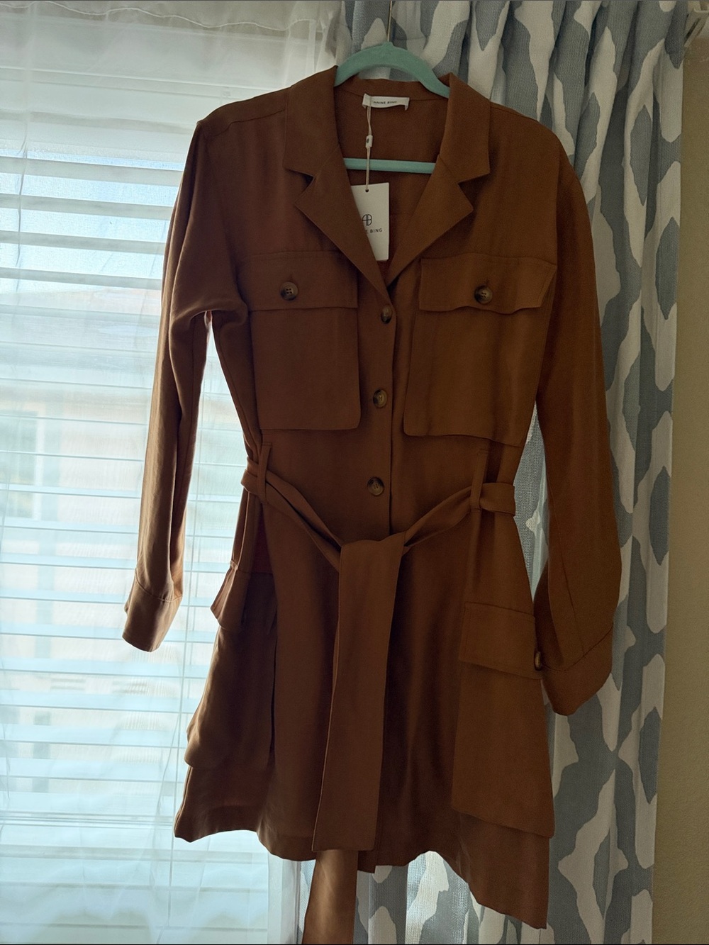 Anine Bing Rust Brown Long-Sleeve Shirt Dress with Belt